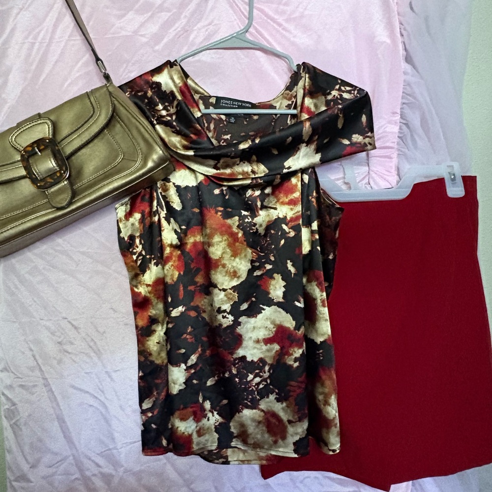Jones New York Multicolor Floral Blouse, Red B. Smart size 7/8 skirt, with Y2K